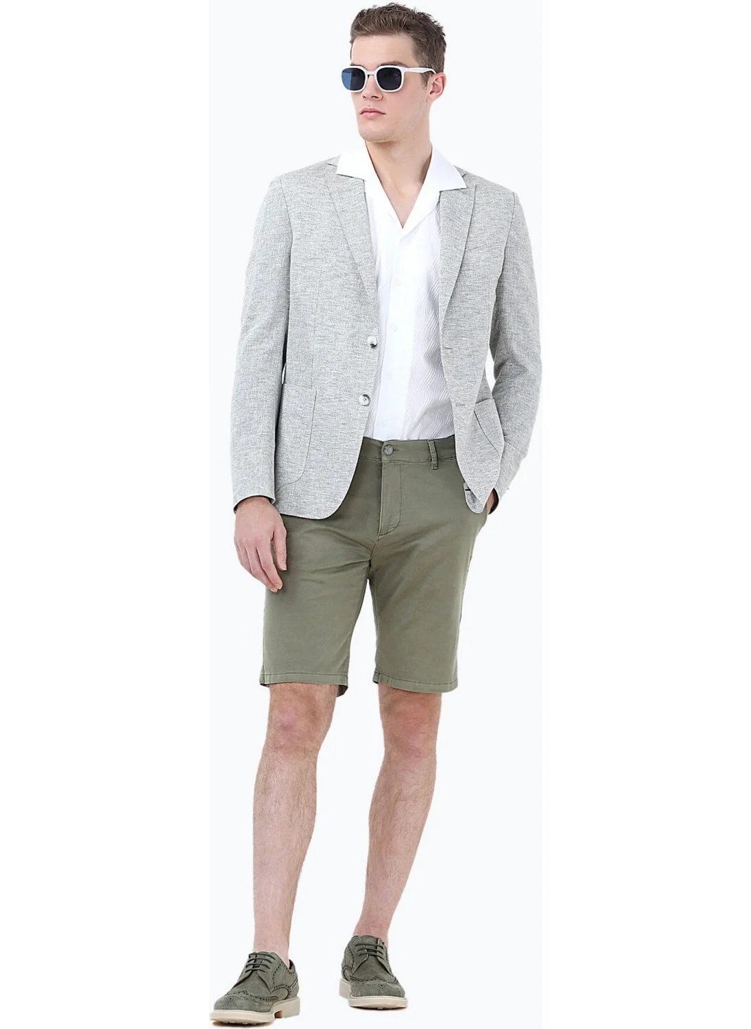 Kip Light Khaki Micro Modern Fit Linen Blend Jacket