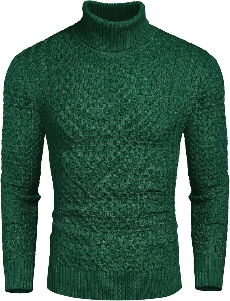 COOFANDY Men's Slim Fit Turtleneck Sweater Casual Knitted Twisted Pullover - Green - Image 1
