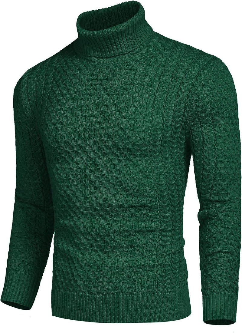COOFANDY Men's Slim Fit Turtleneck Sweater Casual Knitted Twisted Pullover - Green - Image 3