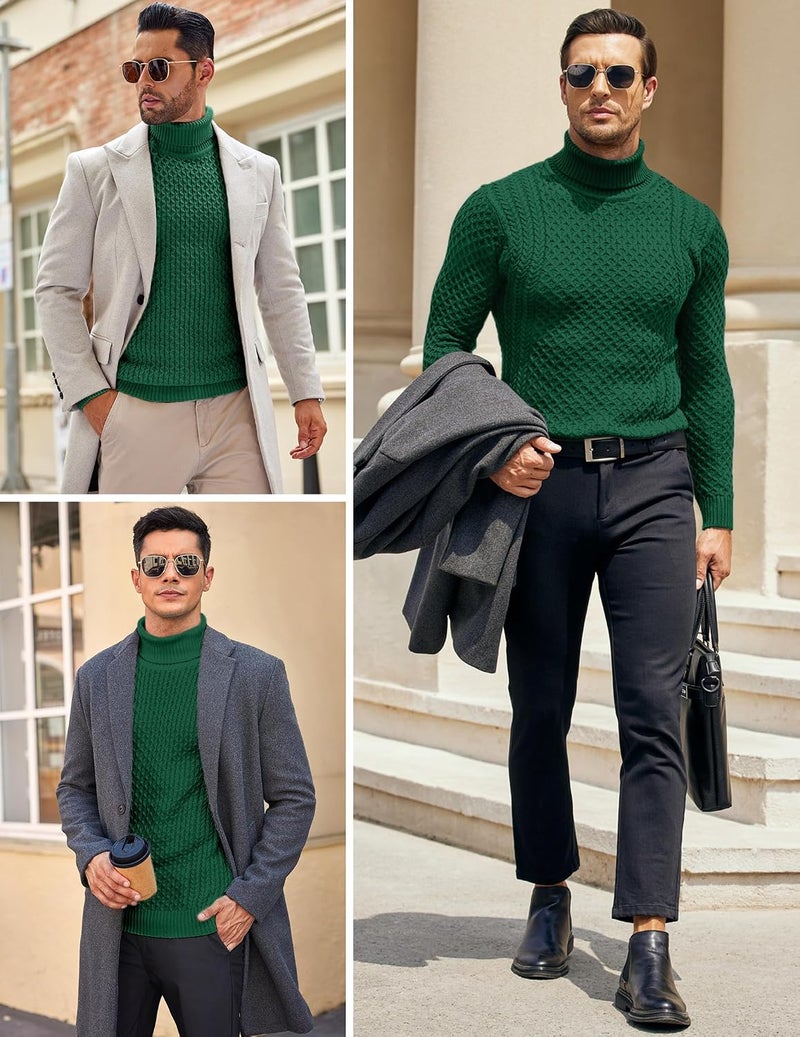 COOFANDY Men's Slim Fit Turtleneck Sweater Casual Knitted Twisted Pullover - Green - Image 2