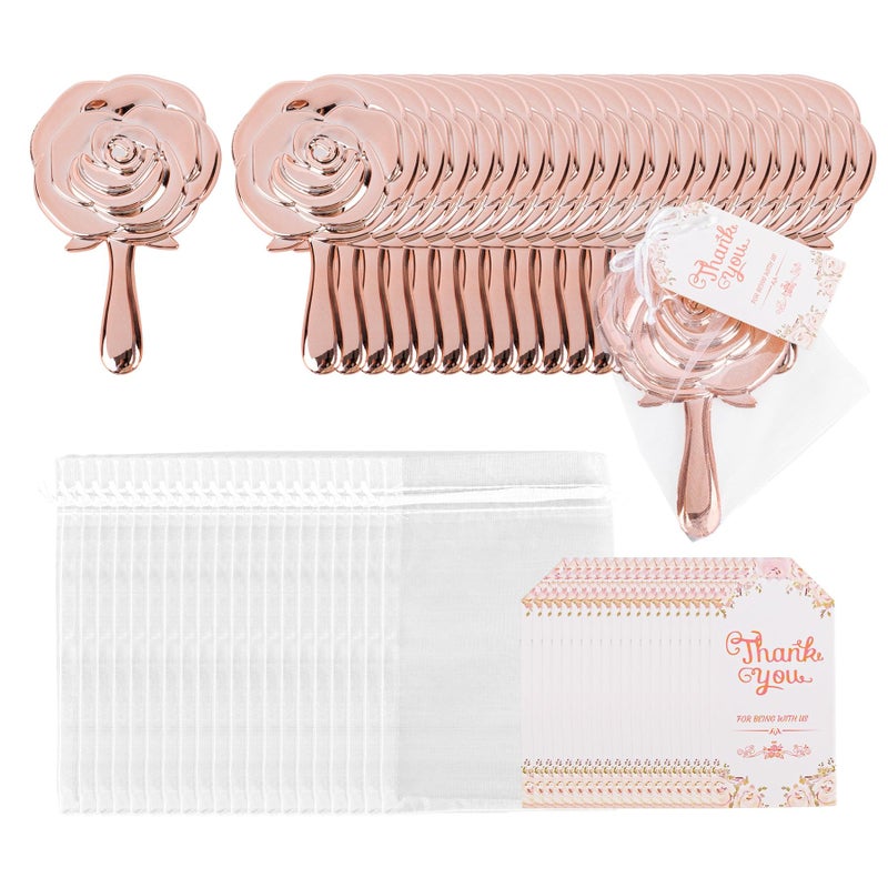 Framendino 20 Pack Gold Rose Compact Mirror Handheld Bulk with Thank You Tag and Organza Bag for Wedding Party Favors Bridal Shower