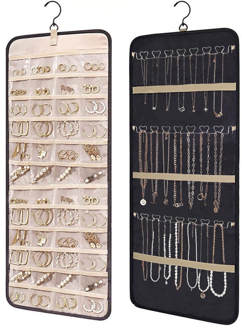 Hanging Jewelry Storage Roll with Metal Hooks, Double-Sided Jewelry Holder ，Jewelry Box， Jewellery Box，The organizer of necklaces, earrings and rings ,Hanging on Closet, Wall, Door, 1 piece, Large, Black