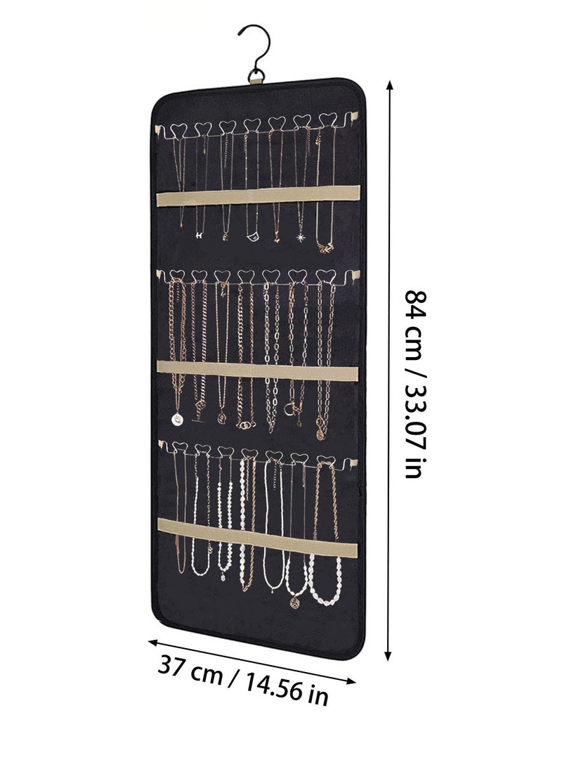 Hanging Jewelry Storage Roll with Metal Hooks, Double-Sided Jewelry Holder ，Jewelry Box， Jewellery Box，The organizer of necklaces, earrings and rings ,Hanging on Closet, Wall, Door, 1 piece, Large, Black  - Image 3