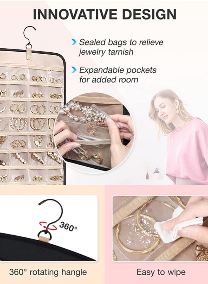 Hanging Jewelry Storage Roll with Metal Hooks, Double-Sided Jewelry Holder ，Jewelry Box， Jewellery Box，The organizer of necklaces, earrings and rings ,Hanging on Closet, Wall, Door, 1 piece, Large, Black  - Image 4