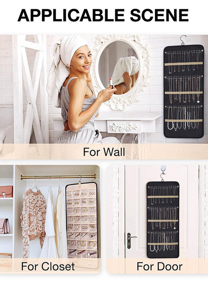 Hanging Jewelry Storage Roll with Metal Hooks, Double-Sided Jewelry Holder ，Jewelry Box， Jewellery Box，The organizer of necklaces, earrings and rings ,Hanging on Closet, Wall, Door, 1 piece, Large, Black  - Image 5