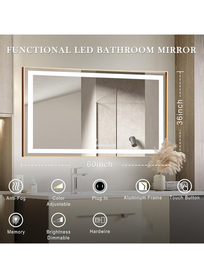 Vparty LED Framed Bathroom Mirror, Dimmable Anti-Fog Lighted Mirror, Large Vertical & Horizontal Wall Mirror, Wall Switch, Touch Sensor, 3 Color Temperature Options, Adjustable LED Brightness & Memory, Anti-Fog Technology, 5mm Shatterproof Glass, Aluminum Frame, Front & Back Lighting, Modern Wall-Mounted Vanity Mirror, Gold Frame for Bathroom, Bedroom, Living Room, Modern Home Décor, Stylish LED Mirror (150 x 90 cm) - Image 4