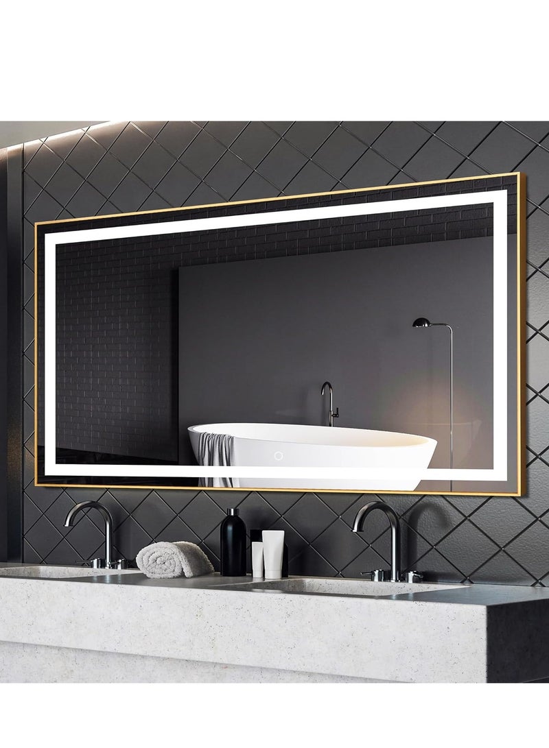 Vparty LED Framed Bathroom Mirror, Dimmable Anti-Fog Lighted Mirror, Large Vertical & Horizontal Wall Mirror, Wall Switch, Touch Sensor, 3 Color Temperature Options, Adjustable LED Brightness & Memory, Anti-Fog Technology, 5mm Shatterproof Glass, Aluminum Frame, Front & Back Lighting, Modern Wall-Mounted Vanity Mirror, Gold Frame for Bathroom, Bedroom, Living Room, Modern Home Décor, Stylish LED Mirror (150 x 90 cm) - Image 1