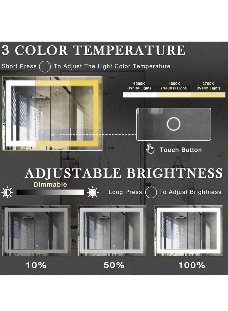 Vparty LED Framed Bathroom Mirror, Dimmable Anti-Fog Lighted Mirror, Large Vertical & Horizontal Wall Mirror, Wall Switch, Touch Sensor, 3 Color Temperature Options, Adjustable LED Brightness & Memory, Anti-Fog Technology, 5mm Shatterproof Glass, Aluminum Frame, Front & Back Lighting, Modern Wall-Mounted Vanity Mirror, Gold Frame for Bathroom, Bedroom, Living Room, Modern Home Décor, Stylish LED Mirror (150 x 90 cm) - Image 5
