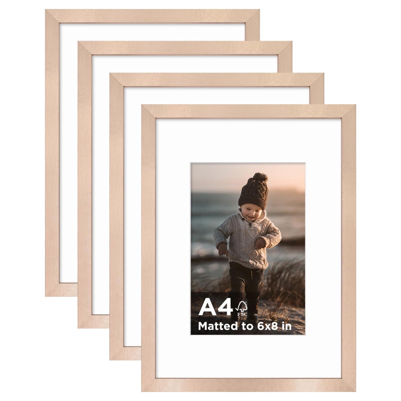 KINLINK A4 Picture Frame Rose Gold Set of 4 Wooden Photo Frames Matted A5 with Plexiglass for A5 with Mat or A4 without Mat for Table and Wall Display