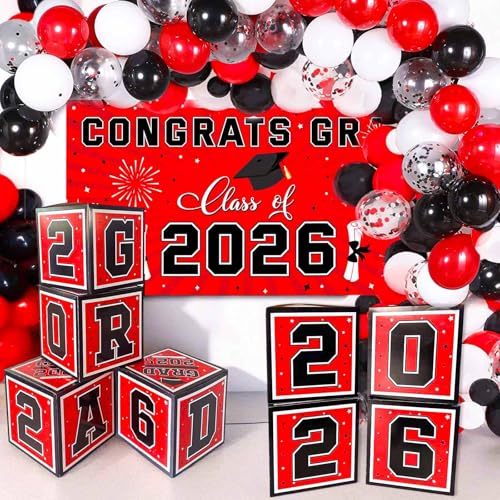 Amplov Graduation Decorations Class of 2026 Black Red and White 2026 GRAD Balloon Boxes with Letters Balloon Garland Kit Congrats Grad Banner Photo Backdrop for High School College School Event - Image 1