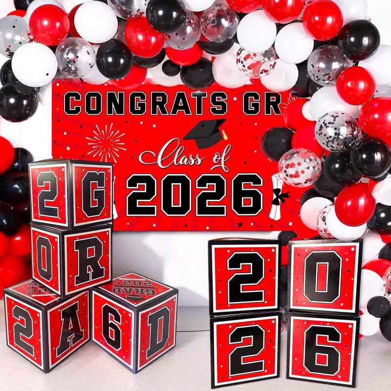 Amplov Graduation Decorations Class of 2026 Black Red and White 2026 GRAD Balloon Boxes with Letters Balloon Garland Kit Congrats Grad Banner Photo Backdrop for High School College School Event - Image 2