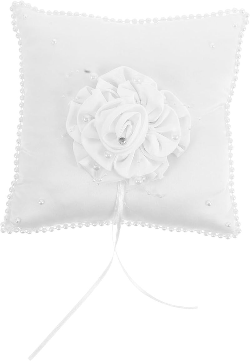 Wedding Ring Cushion Pillow Square Pearl Embellished Soft White Holder for Bride and Ring Bearer, Elegant Ceremony Cushion for Wedding and Beach Events - Image 1
