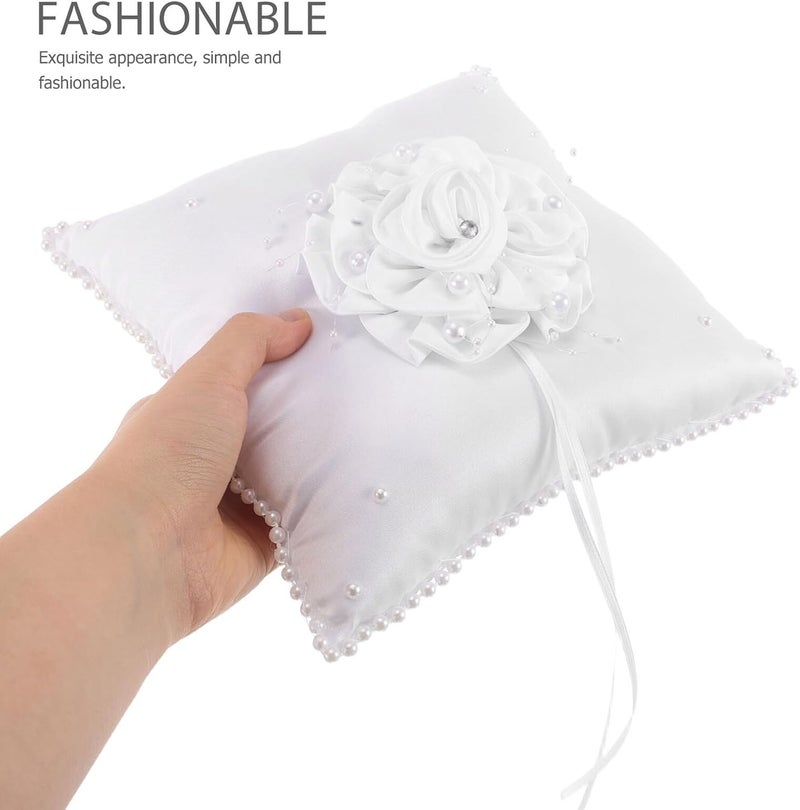 Wedding Ring Cushion Pillow Square Pearl Embellished Soft White Holder for Bride and Ring Bearer, Elegant Ceremony Cushion for Wedding and Beach Events - Image 4