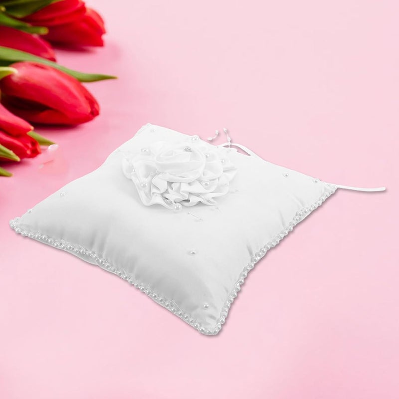 Wedding Ring Cushion Pillow Square Pearl Embellished Soft White Holder for Bride and Ring Bearer, Elegant Ceremony Cushion for Wedding and Beach Events - Image 5