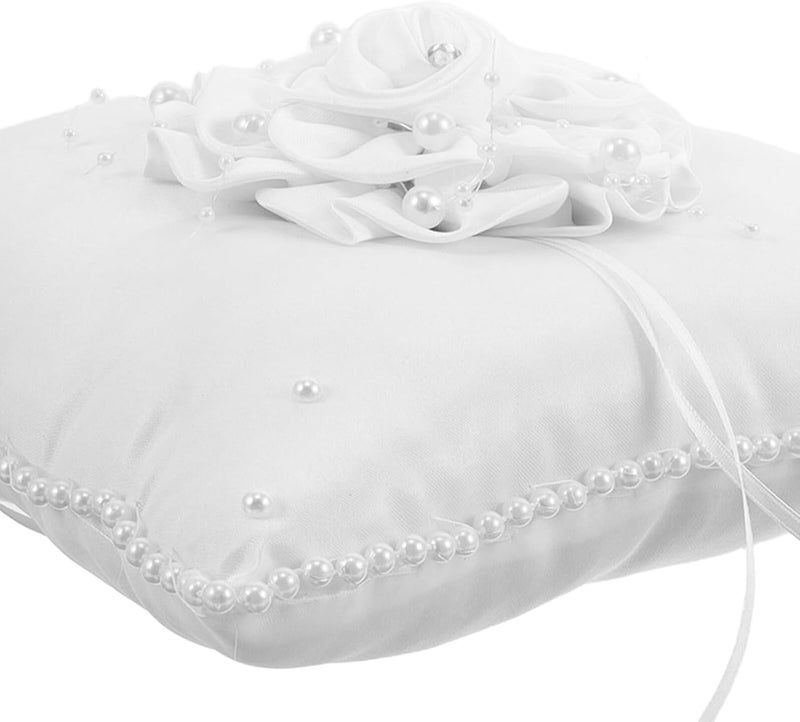 Wedding Ring Cushion Pillow Square Pearl Embellished Soft White Holder for Bride and Ring Bearer, Elegant Ceremony Cushion for Wedding and Beach Events - Image 3