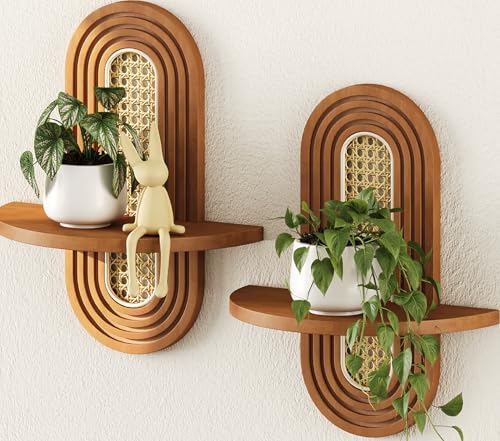 Hongsane Floating Shelves for Wall Boho Home Wall DecorRattan Plant Shelf Set of 2 Mid Century Small Decorative Shelf Natural Wood Shelves for Living RoomBedroomHouseOffice Walnut - Image 1