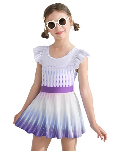 Ghteas Girls One Piece Short Sleeve Swim Dress Purple Frozen Rash Guard Bathing Suit Skirted Swimwear 7-8 Years - Image 1