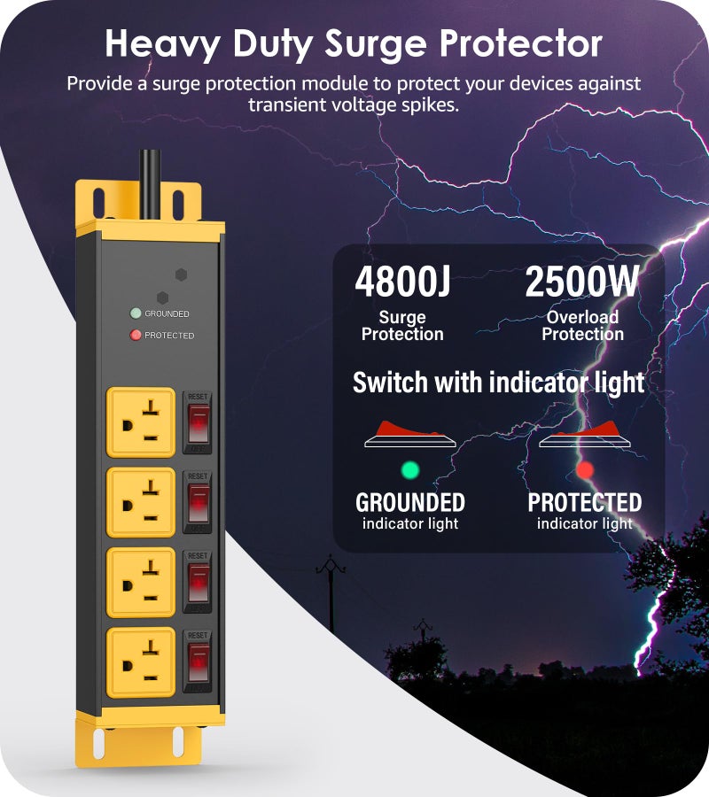 CCCEI Heavy Duty Surge Protector Power Strip 20 Amp Individual Switches. 6FT 12 Gauge Extension Cord with Multiple Outlets. Kitchen, Garage, Shop, Industrial Wall Mount Electric Extender, Yellow. - Image 2
