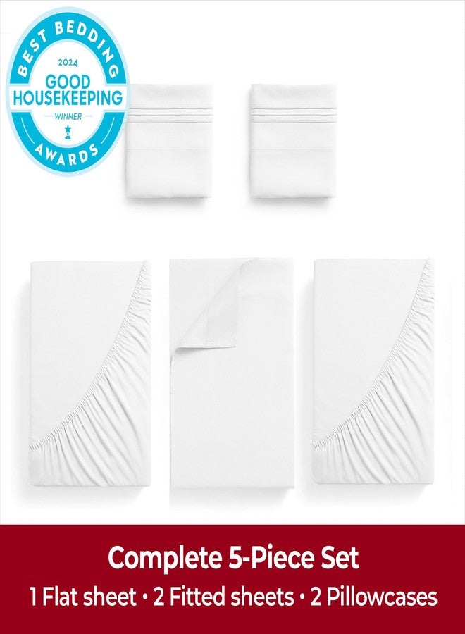 Mellanni Extra Deep Split King Sheets - 5 PC Iconic Collection Bedding - Hotel Luxury, Ultra Soft, Cooling Bed Sheets - Wrinkle, Fade, Stain Resistant (Split King, White) - Image 4