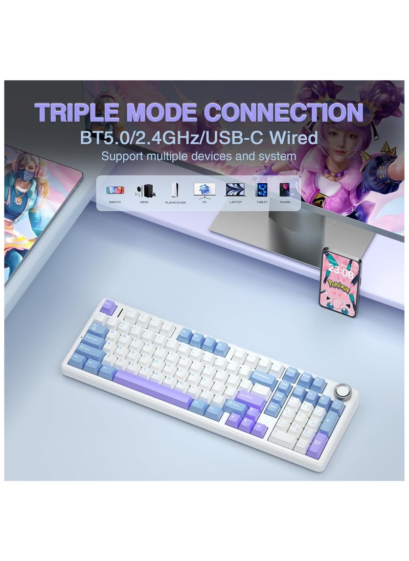 AULA F99 Pro Wireless Mechanical Keyboard with Knob,Tri-Mode BT5.0/USB-C/2.4GHz Hot Swappable Keyboard,Pre-lubed Switches,Gasket Structure,RGB Backlit Computer Gaming Keyboard (White&Blue&Purple - Greywoodshaft V3)