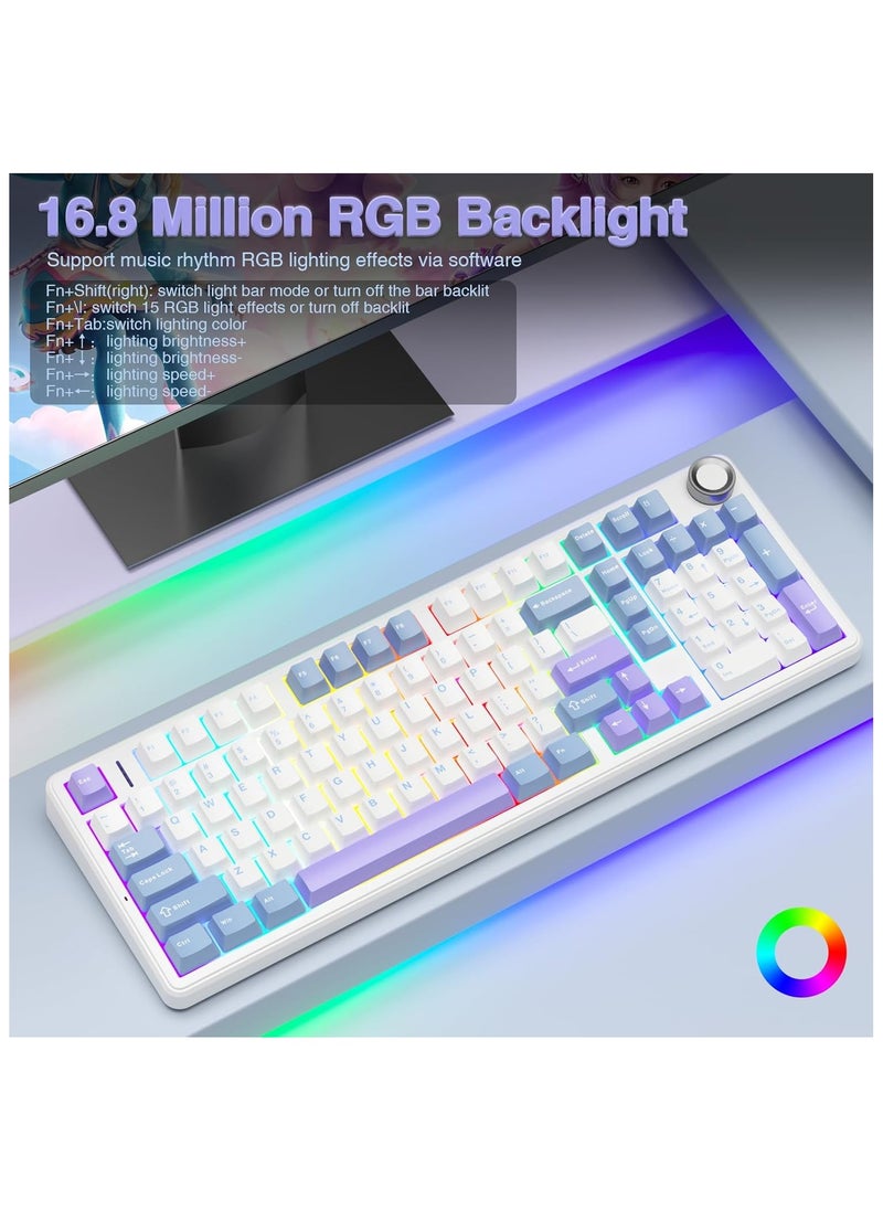 AULA F99 Pro Wireless Mechanical Keyboard with Knob,Tri-Mode BT5.0/USB-C/2.4GHz Hot Swappable Keyboard,Pre-lubed Switches,Gasket Structure,RGB Backlit Computer Gaming Keyboard (White&Blue&Purple - Greywoodshaft V3)