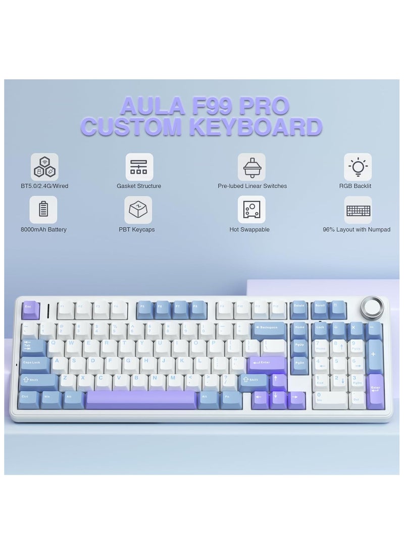 AULA F99 Pro Wireless Mechanical Keyboard with Knob,Tri-Mode BT5.0/USB-C/2.4GHz Hot Swappable Keyboard,Pre-lubed Switches,Gasket Structure,RGB Backlit Computer Gaming Keyboard (White&Blue&Purple - Greywoodshaft V3)