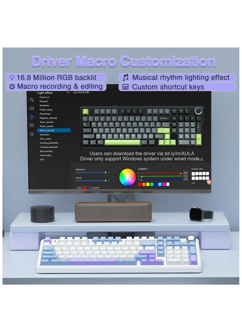 AULA F99 Pro Wireless Mechanical Keyboard with Knob,Tri-Mode BT5.0/USB-C/2.4GHz Hot Swappable Keyboard,Pre-lubed Switches,Gasket Structure,RGB Backlit Computer Gaming Keyboard (White&Blue&Purple - Greywoodshaft V3)