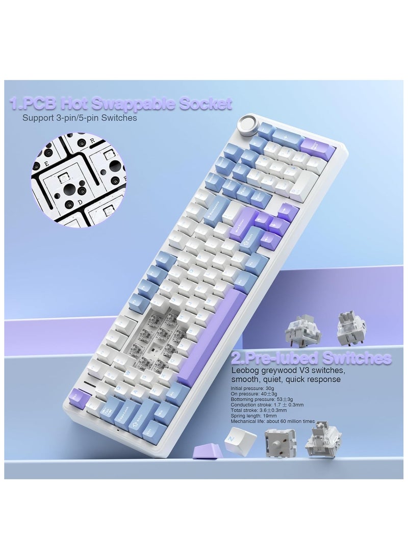 AULA F99 Pro Wireless Mechanical Keyboard with Knob,Tri-Mode BT5.0/USB-C/2.4GHz Hot Swappable Keyboard,Pre-lubed Switches,Gasket Structure,RGB Backlit Computer Gaming Keyboard (White&Blue&Purple - Greywoodshaft V3)