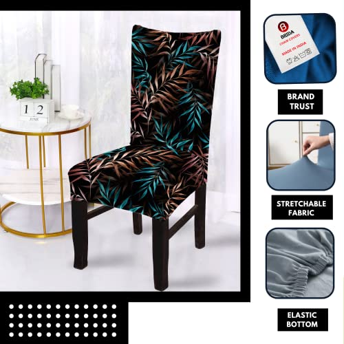 BRIDA® Stretchable Floral Geometric Printed Dining Chair Covers Set of 4 Seater Elastic Chair Seat Case Protector, Slipcovers (4 Chair Cover, Black Blue Leaves), Polyester; Polyester Blend - Image 2