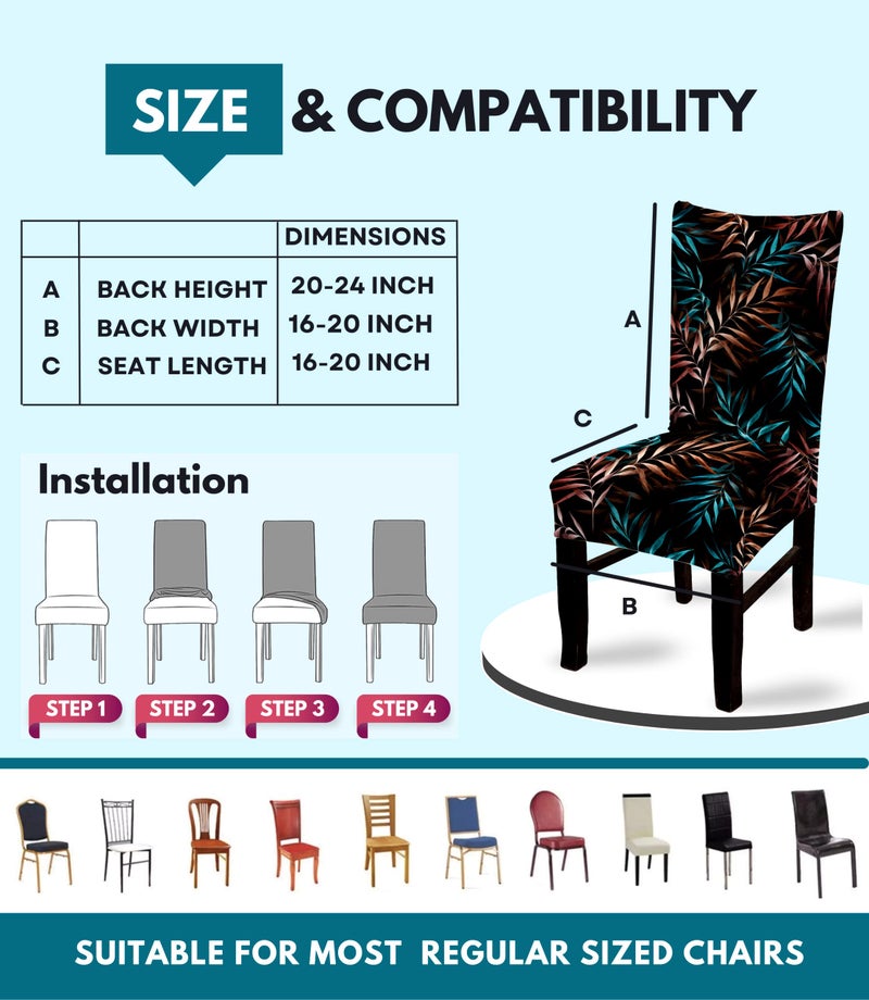 BRIDA® Stretchable Floral Geometric Printed Dining Chair Covers Set of 4 Seater Elastic Chair Seat Case Protector, Slipcovers (4 Chair Cover, Black Blue Leaves), Polyester; Polyester Blend - Image 3