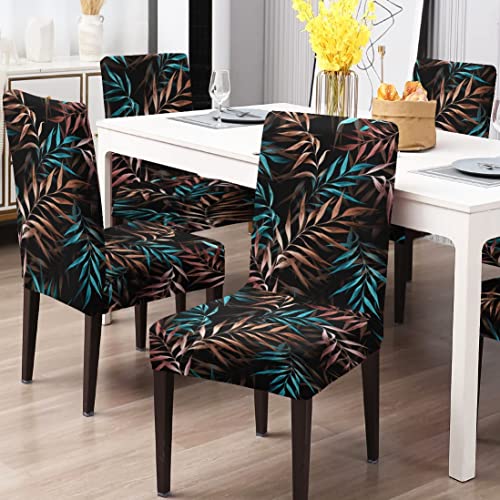 BRIDA® Stretchable Floral Geometric Printed Dining Chair Covers Set of 4 Seater Elastic Chair Seat Case Protector, Slipcovers (4 Chair Cover, Black Blue Leaves), Polyester; Polyester Blend - Image 1