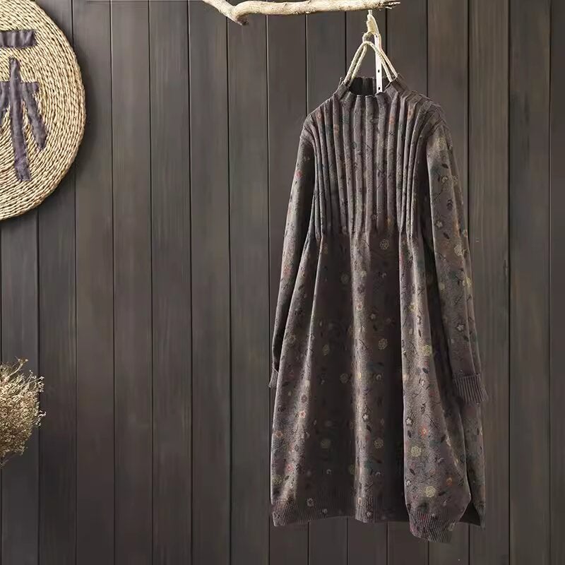 Vintage Printed Half-turtleneck Sweater Dress 2024 Spring Mid-length Loose plus size Pullover Cotton Thread Base Knitwear Coffee - Image 1