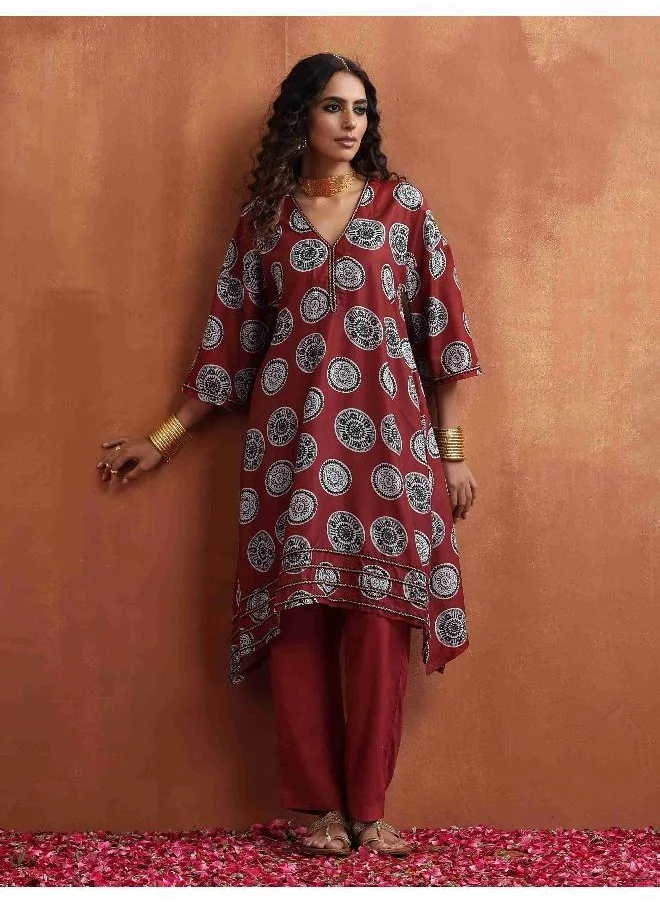 ترو برونز trueBrowns Maroon Print A-line Kurta Co-ord Set