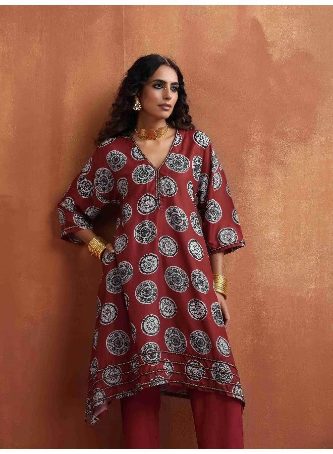 ترو برونز trueBrowns Maroon Print A-line Kurta Co-ord Set