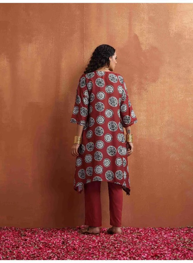 ترو برونز trueBrowns Maroon Print A-line Kurta Co-ord Set