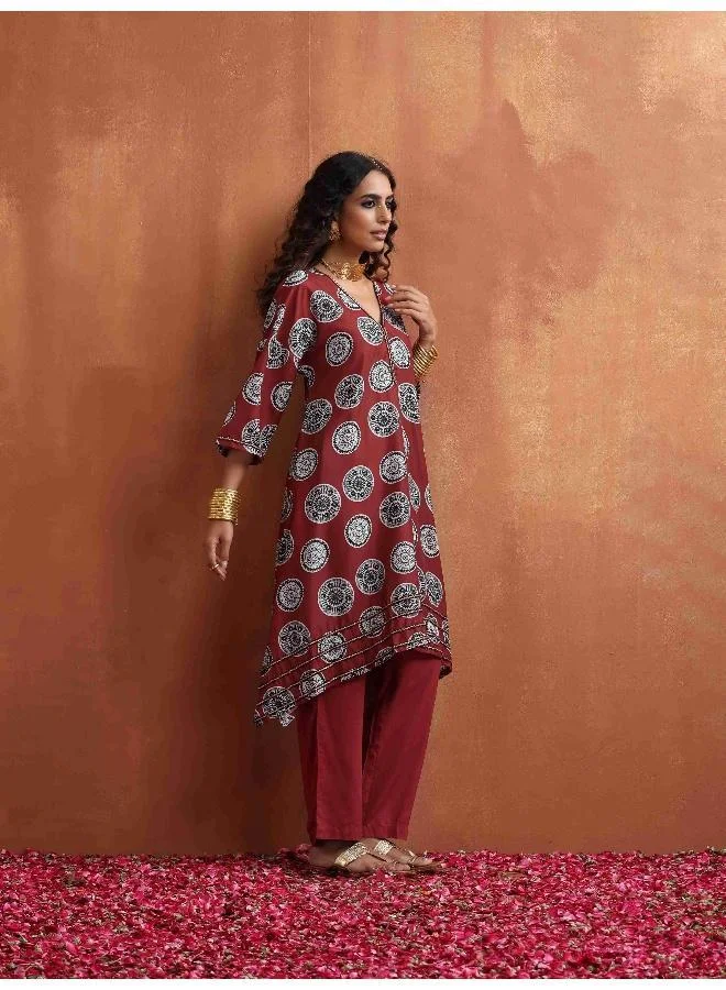ترو برونز trueBrowns Maroon Print A-line Kurta Co-ord Set