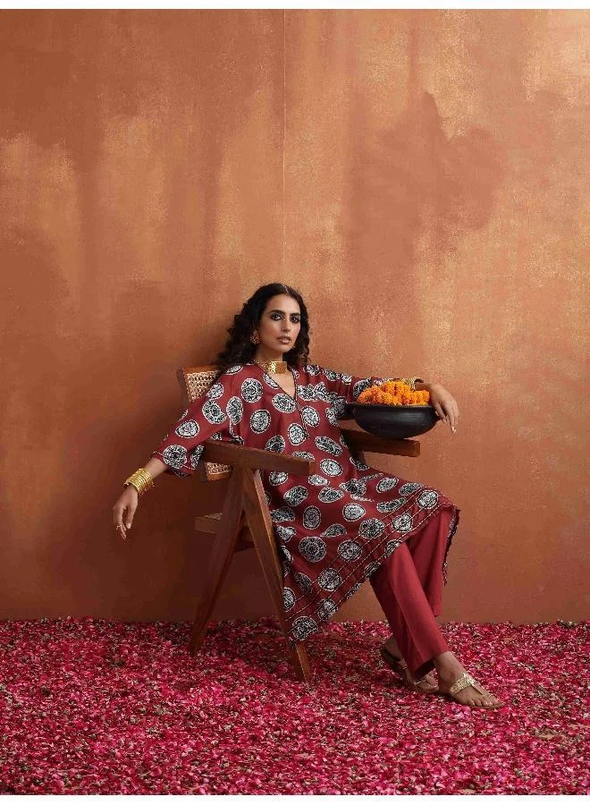 ترو برونز trueBrowns Maroon Print A-line Kurta Co-ord Set