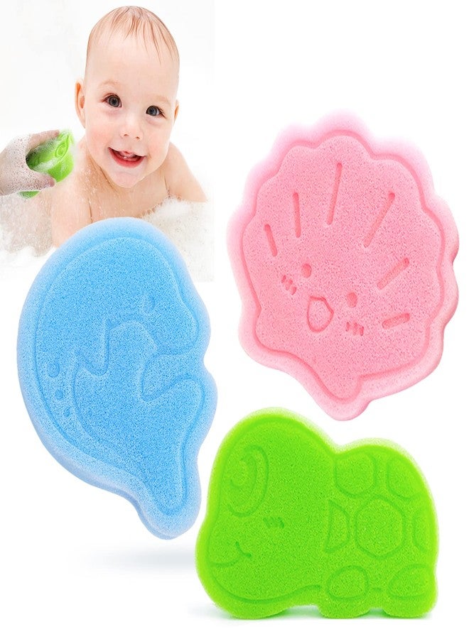 DANCELF Baby Bath Sponge, Natural Cute Shapes Soft Shower Sponges for Bathing, Bathtub Foam for Infants and Toddler, 3pcs : Blue Dolphin, Pink Shell, Green Turtle - Image 1