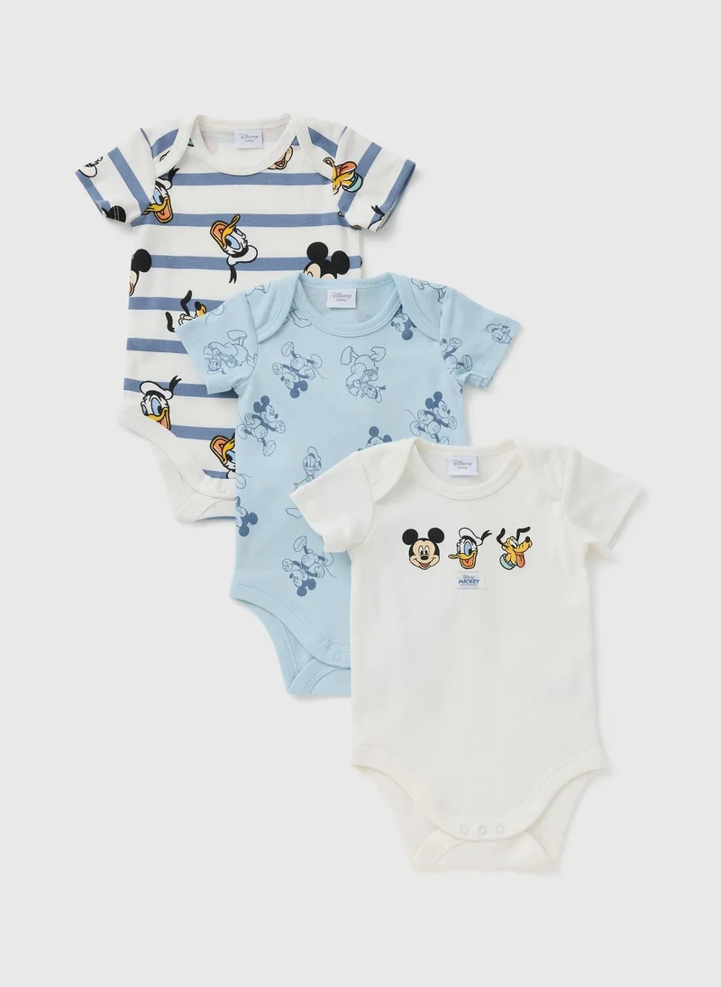 Matalan Disney 3 Pack Baby Blue Mickey Mouse Bodysuits