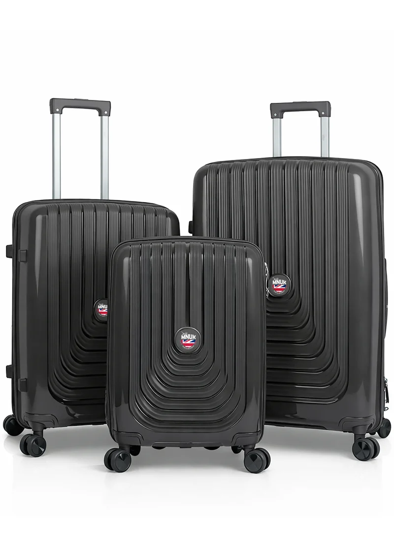 MNUK Viajero Stra Ordinario Set of 3 Luggage|Polypropylene (PP) Hardside Luggage Trolley|Double 360° 4 Wheeler| Cabin-20 Inch, Medium- 24 Inch, Large-28 Inch| Dark Grey
