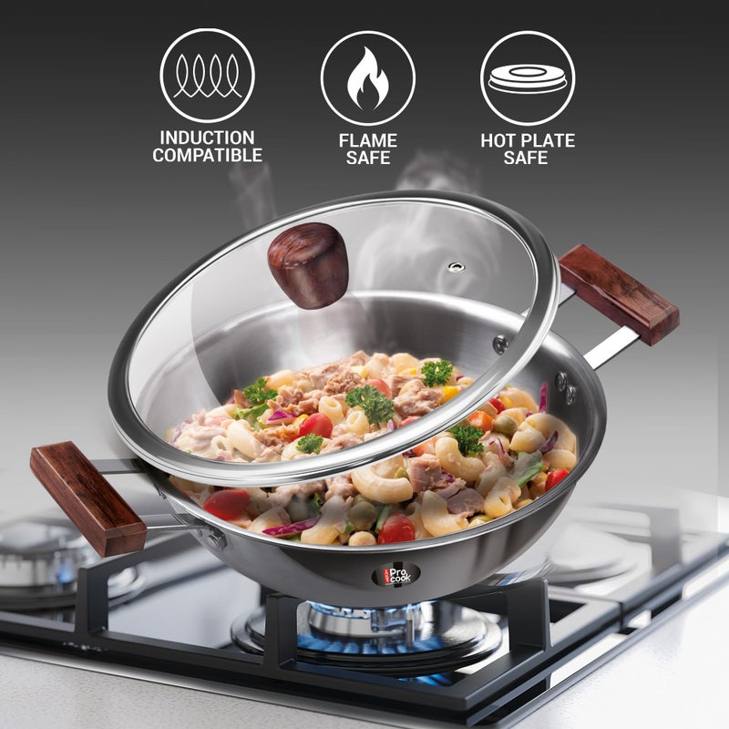 MILTON Pro cook MILTON Pro cook Triply Hexa Tech Induction Stainless Steel Kadhai with Glass Lid & Wooden Handle,26 cm,Silver,3 Layer Kadhai for Cooking, Induction Bottom and Gas Stove Ready Cookware,3 Years Warranty - Image 2