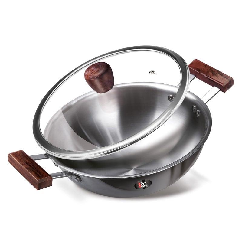 MILTON Pro cook MILTON Pro cook Triply Hexa Tech Induction Stainless Steel Kadhai with Glass Lid & Wooden Handle,26 cm,Silver,3 Layer Kadhai for Cooking, Induction Bottom and Gas Stove Ready Cookware,3 Years Warranty - Image 1