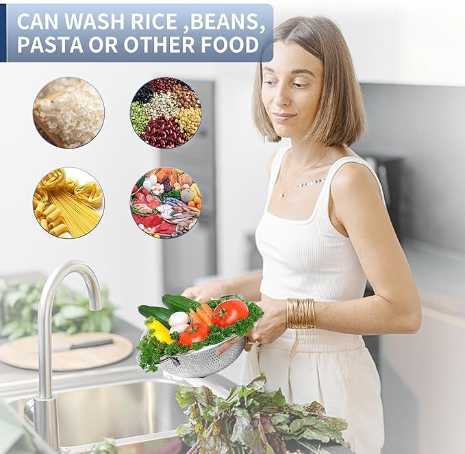 DORATIK Colander Stainless Steel MicroPerforated Food Strainer with Handle for Washing Rinsing Draining Great for Pasta Fruits Vegetables Dishwasher Safe Non Toxic Silver - Image 5