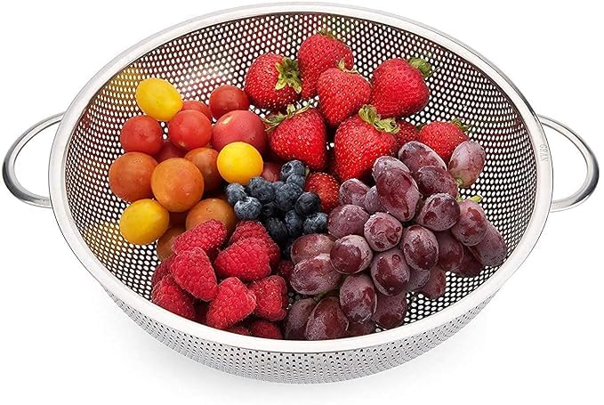 DORATIK Colander Stainless Steel MicroPerforated Food Strainer with Handle for Washing Rinsing Draining Great for Pasta Fruits Vegetables Dishwasher Safe Non Toxic Silver - Image 1