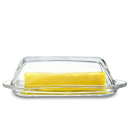 QFkris 7 Inches Glass Butter Dish with Lid for Countertop - Crystal Glass Butter Keeper Elegant Clear Butter Holder Tray for 1 Stick East Coast,Dishwasher Safe - Image 1