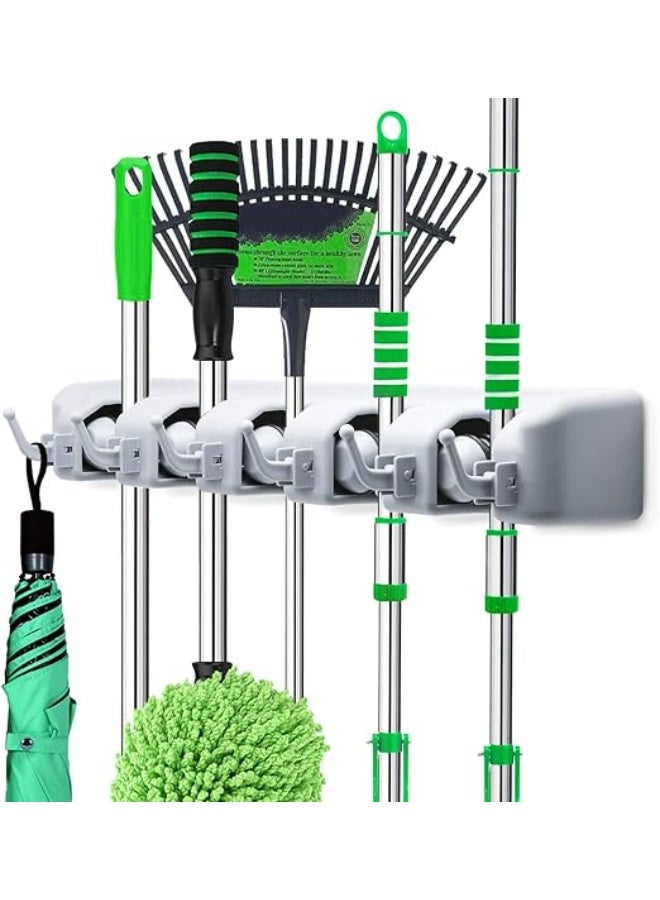 Wall holder wall mounted - mop and broom hanger holder - garage storage rack & garden tool organizer - 5 position 6 hooks for home, kitchen, garden, tools, garage organizing - Image 1