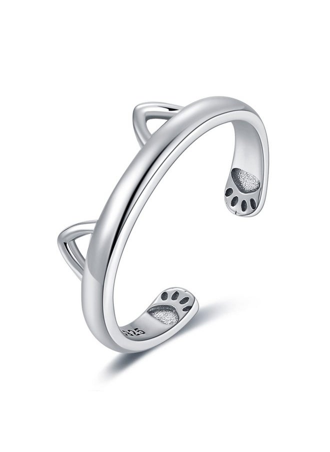 JewelryPalace - Cute Cat Paw Open Adjustable Rings For Women, Lovely 14K White Gold Plated 925 Sterling Silver Ring For Her, Anniversary Jewelry Gift - Image 1
