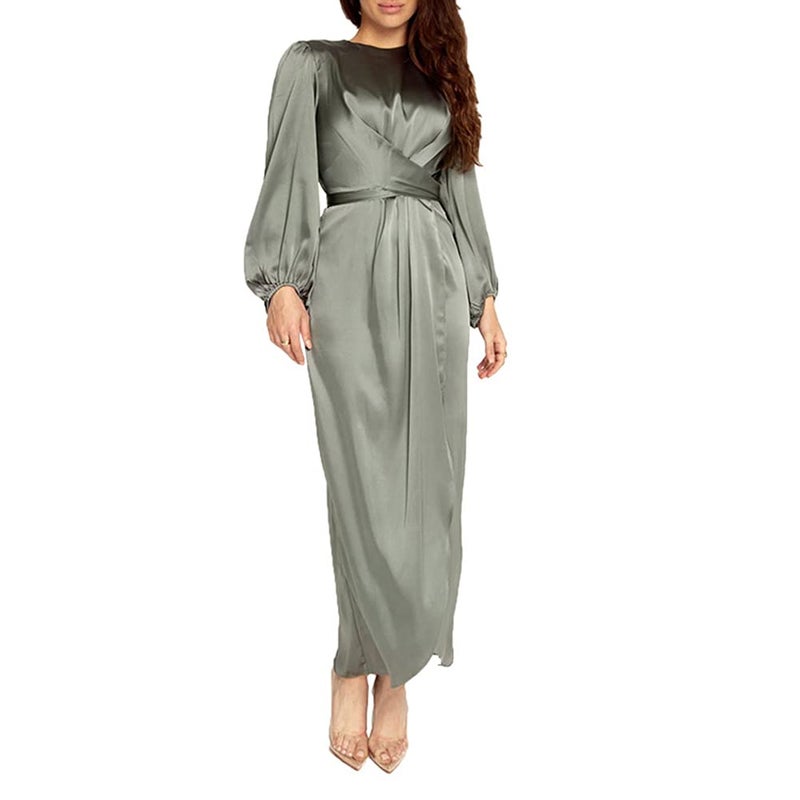 StarDY Women's Plain Satin Abaya Dress Round Collar Balloon Sleeve Wrap Waist Slit Maxi Dress Middle Eastern Muslim Gown (Light Green, M) - Image 2