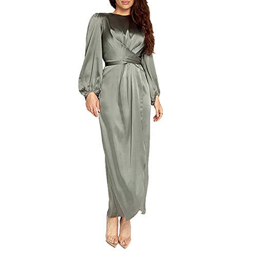 StarDY Women's Plain Satin Abaya Dress Round Collar Balloon Sleeve Wrap Waist Slit Maxi Dress Middle Eastern Muslim Gown (Light Green, M) - Image 4