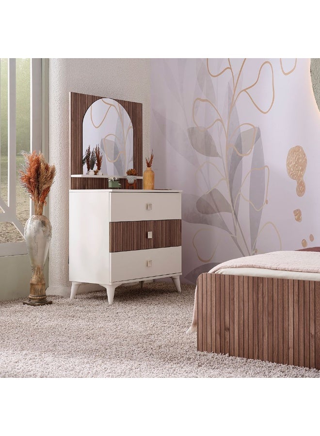 DANUBE HOME Golf 3 Drawer Dresser With Mirror Durable Vanity Table Dressing Makeup Desk With Storage Modern Design Bedroom Furniture (Made In Turkey) L43xW85xH115.8cm-Walnut And Cream  - Image 2